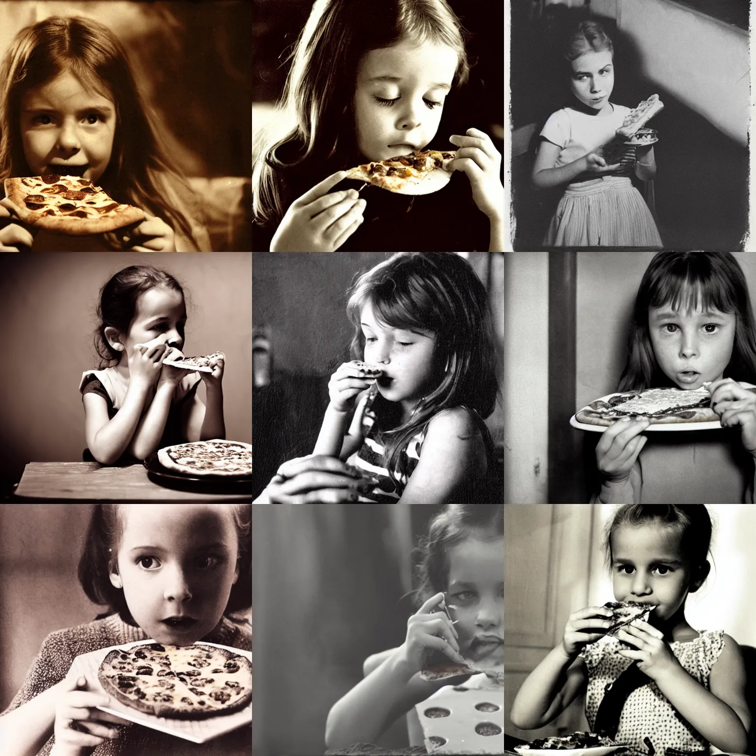Prompt: a young girl eating a very tasty looking slice of pizza, old movie, sepia