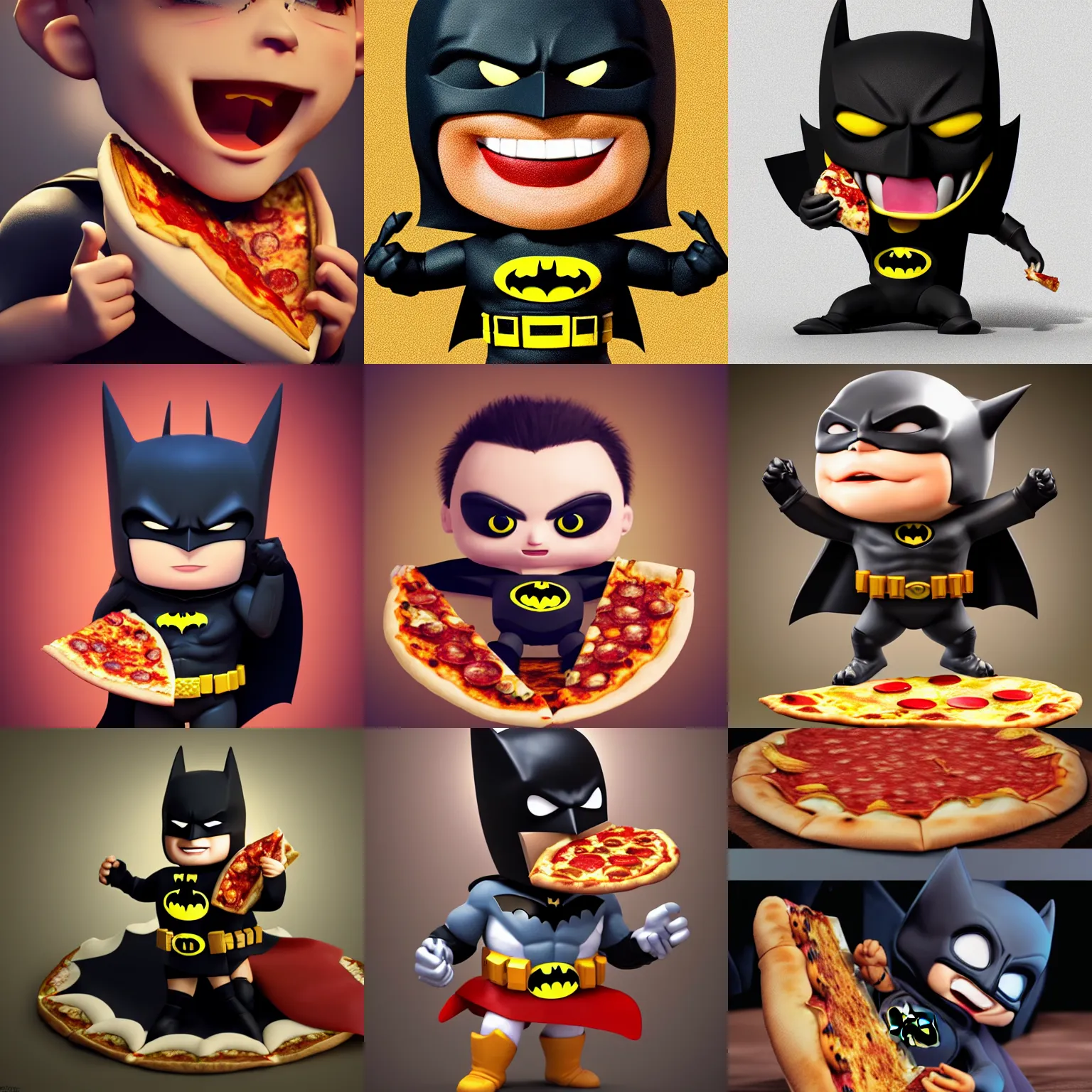 Prompt: A ultra detailed render of a chibi style Batman biting and eating pizza,adorable, cute, Portrait Lighting, trending on ArtStation, octane render, cinema4d, Zbrush