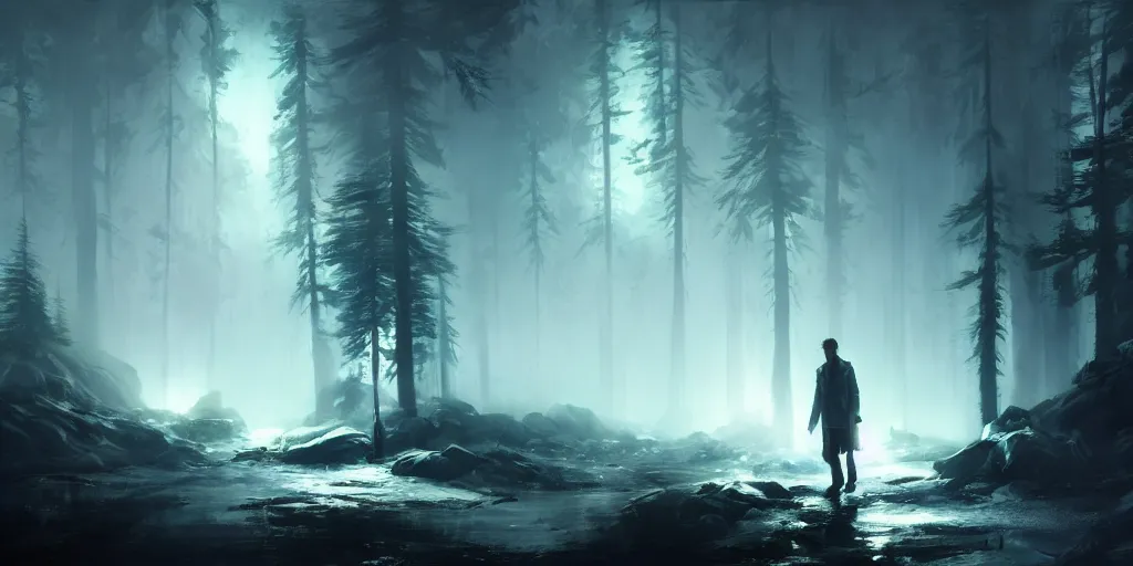 Image similar to alan wake, remedy entertainment, extremely detailed digital painting, in the style of fenghua zhong and ruan jia and jeremy lipking and peter mohrbacher, mystical colors, rim light, beautiful lighting, 8 k, stunning scene, raytracing, octane, trending on artstation