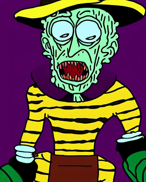 Image similar to freddy krueger in the style of rick and morty by justin roiland