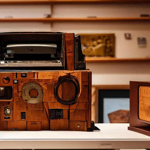 Prompt: photo of fragmented Old Computer made of Wood, Wood!! (EOS 5DS R, ISO100, f/8, 1/125,postprocessed) in a Museum