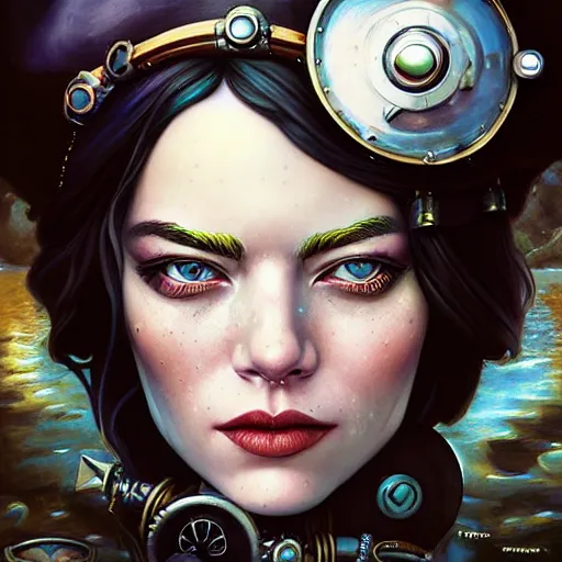 Image similar to underwater steampunk pirate portrait of emma stone, pixar style, by tristan eaton stanley artgerm and tom bagshaw.