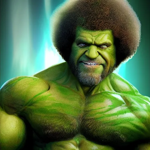 Image similar to photomanipulation of BOB ROSS as hulk with human flesh, marvel, fully detailed, volumetric lightening, octane render