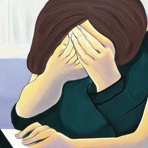 Image similar to a painting of an artist crying in front of a computer