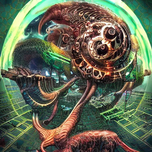 Image similar to basilisk of roko and the awakening of an ai with consciousness, surreal technological conceptual art magical cybernetic realism horro visions distopic and utopic art