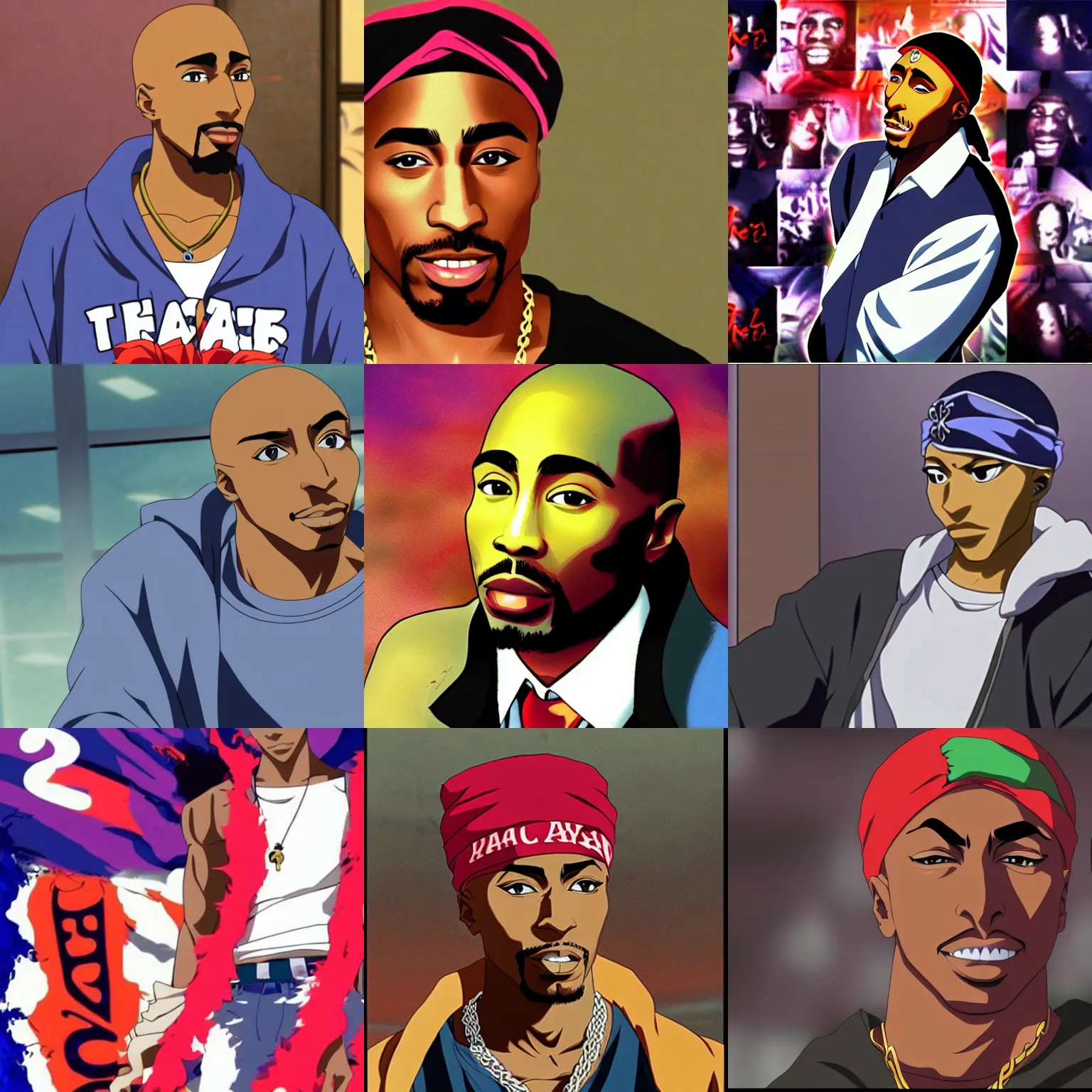 Image similar to Tupac Shakur, screenshot from a 2012s anime