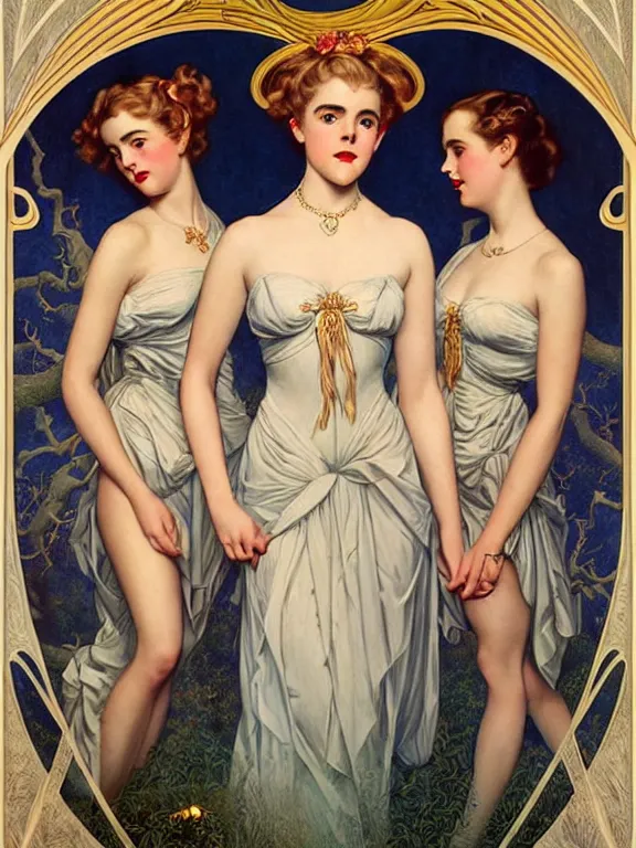 Image similar to Kiernan shipka as the three graces, a beautiful art nouveau portrait by Gil elvgren, Moonlit forest environment, centered composition, defined features, golden ratio, silver jewelry