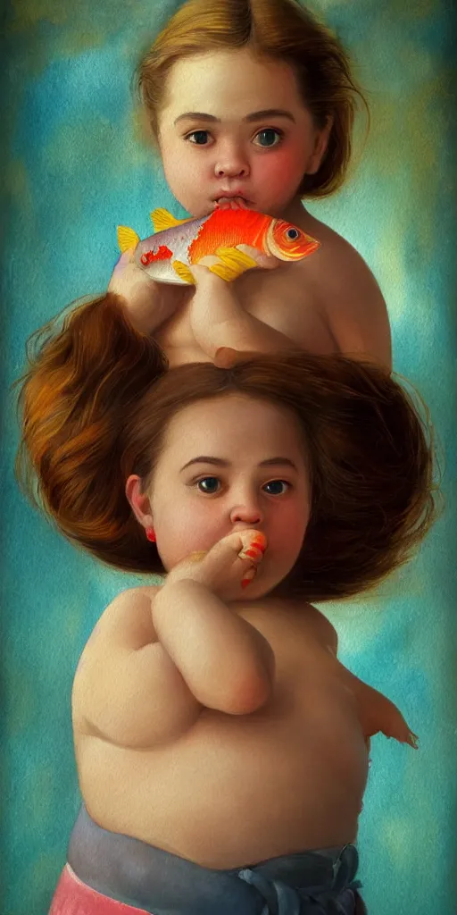 Prompt: a hype realistic oil painting of the most cute little fat girl kissing a huge colorful cute fish. hype realistic scene. old photography style. studio lighting. window. 3 d, octane render, deep focus, fashion style, white scene. very funny and sweet art. unreal engine. watercolor. fellini style. poster quality. da vinci painting style. illustration.