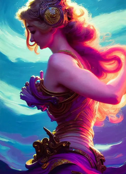 Image similar to side portrait, imogen poots, paladin, fantasy, gloomhaven, luminescent, colorful swirly ripples, gaudy colors, by greg manchess, huang guangjian, gil elvgren, sachin teng, greg rutkowski, jesper ejsing, ilya kuvshinov