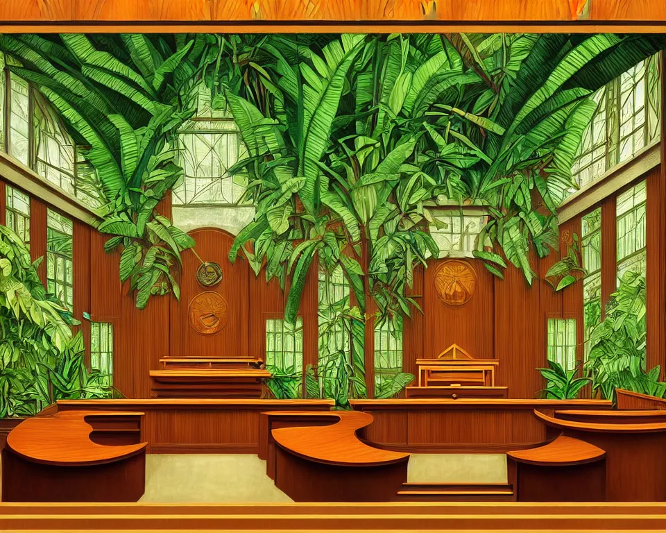 Prompt: an art deco courtroom in the rainforest by raphael and hopper. hyperdetailed, proportional, romantic, enchanting, achingly beautiful, graphic print, trending on artstation, jungle, tropical, foliage