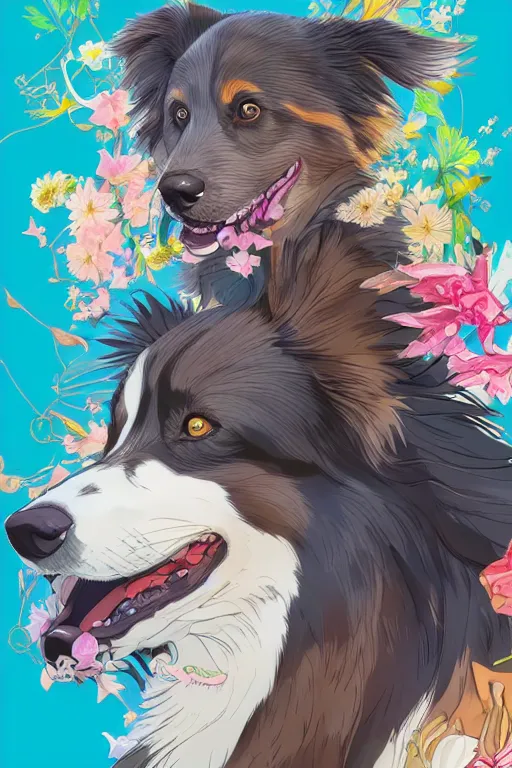 Prompt: maximalist joyful australian shepherd, pixiv fanbox, makoto shinkai takashi takeuchi studio ghibli, akihiko yoshida, yoshitaka amano, wangechi mutu, clean cel shaded vector art. shutterstock. behance hd by lois van baarle, artgerm, helen huang, rossdraws, illustration