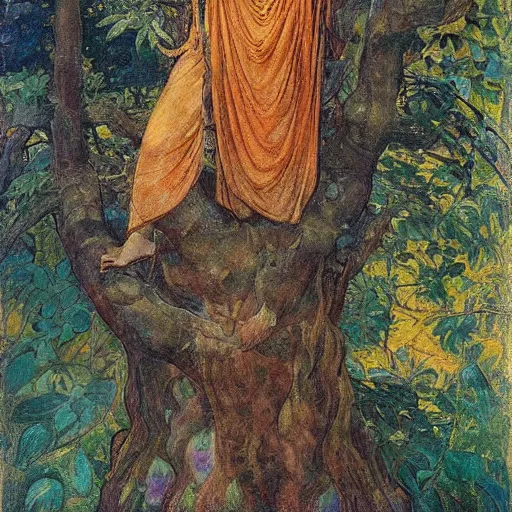 Image similar to the queen of the forest in a tree, by Annie Swynnerton and jean delville and Nicholas Roerich and Tino Rodriguez, elaborately costumed, rich color, dramatic cinematic lighting, extremely detailed