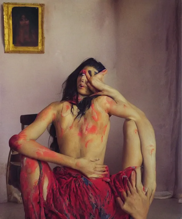 Image similar to a color photograph of persian young woman in her home, by nan goldin, out of place, intense, bold, exaggerated, over proportion, painted over by jenny saville, hyperrealistic, ultra sharp, extra details, ultra high quality,