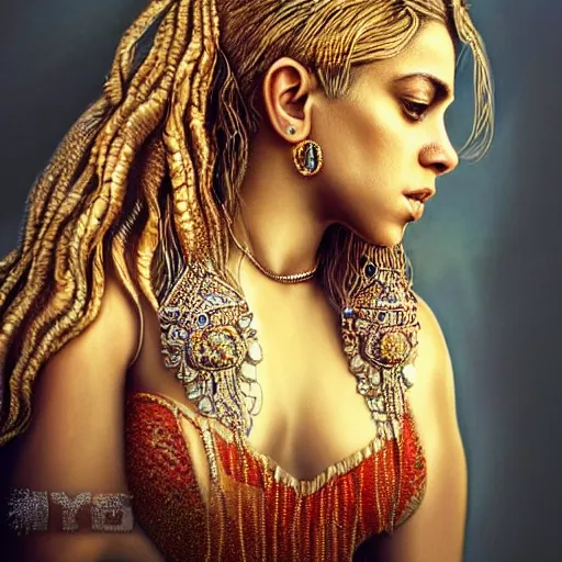 Prompt: beautiful very detailed portrait of Shakira with lots of jewelry, digital art , photos by Annie Leibovitz, moody, models by 500px, dramatic cinematic lighting rendered by octane, 8k, detailed, intricate, clean and textures, trending on artstation, deviantart google images, pinterest