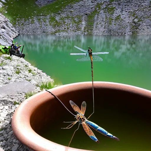 Image similar to dragonfly in a bathtub in the alps, big ibex!! in the background