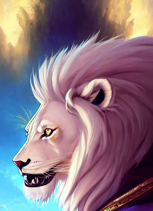 Image similar to aesthetic portrait commission of a of a male fully furry muscular anthro albino lion on a pirates ship wearing an attractive pirates suit with a tail and a beautiful attractive hyperdetailed face at golden hour. Character design by charlie bowater, ross tran, artgerm, and makoto shinkai, detailed, inked, western comic book art, 2021 award winning film poster painting