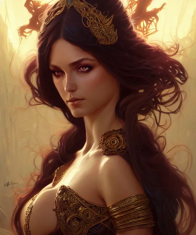 Image similar to A fantasy magic woman portrait, sci-fi, amber eyes, face, long hair, fantasy, intricate, elegant, highly detailed, digital painting, artstation, concept art, smooth, sharp focus, illustration, art by artgerm and greg rutkowski and alphonse mucha