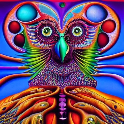 Image similar to the wisest of all owls, psychedelic, alex grey, salvador dali, trending on artstation, surreal