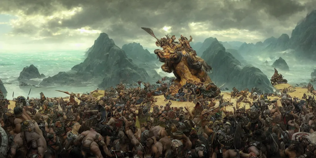 Image similar to barbarians, norse gods, fighting epic battle on rocks floating in the sky, celestial fortress in the clouds, thunder, good composition, artstation, 4 k illustration sharp focus cloceup sunlit painted by ruan jia raymond swanland lawrence alma tadema zdzislaw beksinski norman rockwell tom lovell alex malveda greg staples