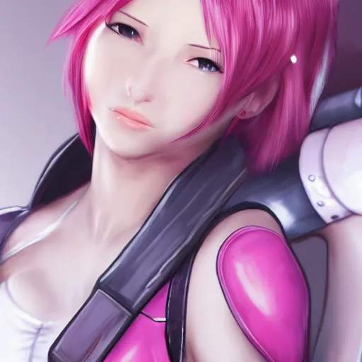 Image similar to high quality head and shoulders tifa lockhart with light pink hair, trending on artstation