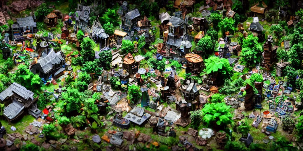 Image similar to PC motherboard village, fantasy, trees, green plants, broken parts, houses on motherboard, mold, tiny villagers, PC hardware, high quality, highly detailed