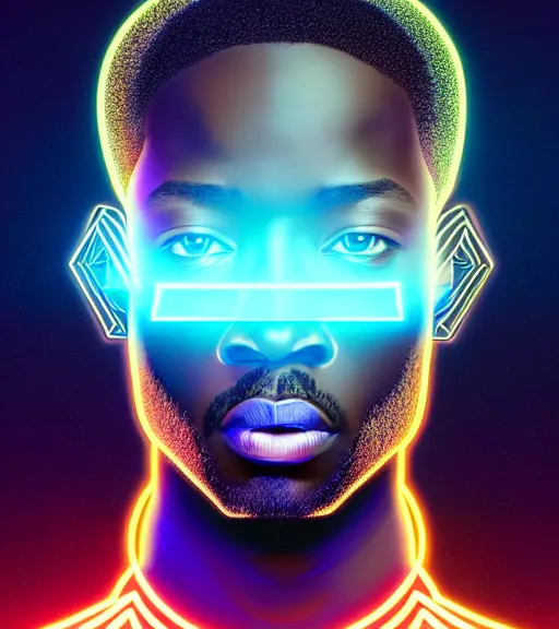 Image similar to symmetry!! african prince of technology, solid cube of light, hard edges, product render retro - futuristic poster scifi, lasers and neon circuits, dark skin man african prince, intricate, elegant, highly detailed, digital painting, artstation, concept art, smooth, sharp focus, illustration, dreamlike, art by artgerm