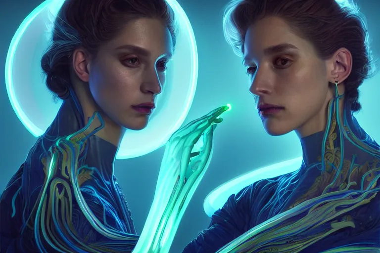 Image similar to one singular portrait of a bioluminescent judge in a biosuit in a courtoom , highly detailed, digital painting, cinematic, hyper realism, dark retrowave, art by Stanley Lau and Artgerm and magali villeneuve and Alphonse Mucha, artstation, octane render, cgsociety