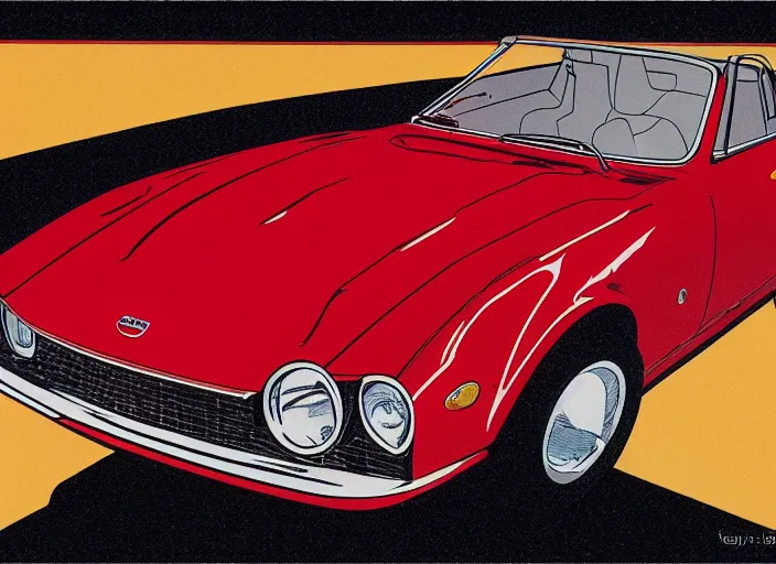 Image similar to highly detailed 1 9 6 9 red datsun fairlady roadster, retro minimalist art by jean giraud, moebius starwatcher comic, sharp, 8 k