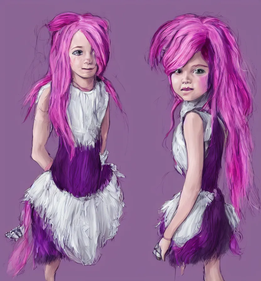 Prompt: little girl with eccentric pink hair wearing a dress made of purple fur, anatomically perfect, concept art, smooth