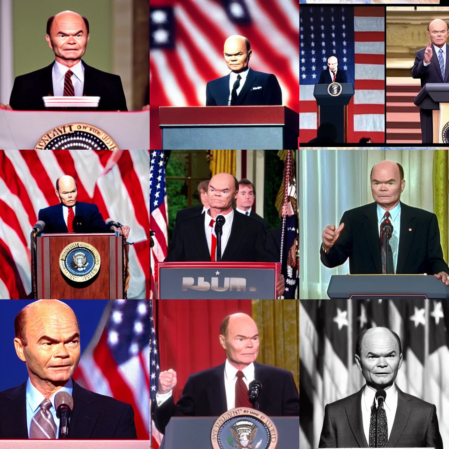 Prompt: red forman as the president of the United States giving a speech behind the presidential podium, realistic, unreal, cinematic