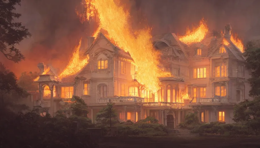 Prompt: A highly detailed matte painting of a white mansion engulfed in flames, by Studio Ghibli, Makoto Shinkai, by Artgerm, by WLOP, by Greg Rutkowski, volumetric lighting, octane render, 4K resolution, trending on artstation, masterpiece