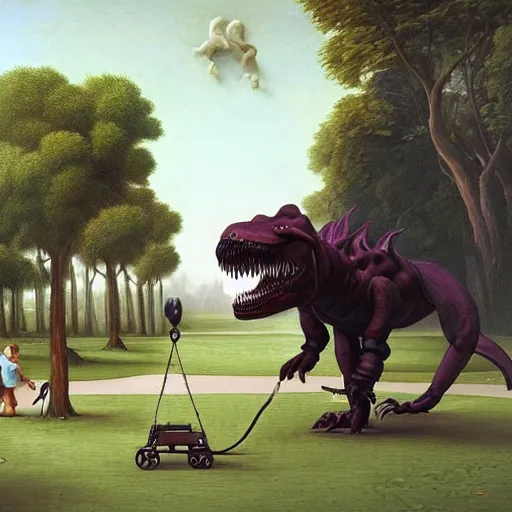 Image similar to dream a kid at the park walking a trex on a leash, renaissance oil painting by George Lucas and Jarosław Jaśnikowski and Dan Mumford, hyperralistic, hyperdetailed