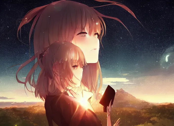 Prompt: watching the stars at night, on a mountain, laying down, by wlop, anime key visual, poster