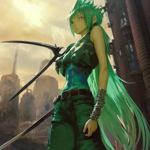 Prompt: a green haired girl with a massive elaborate sword. character design. gesture drawing. line of action. official art, concept art. tetsuya nomura. final fantasy. makoto shinkai ray tracing hdr. 8 k. uhd. sharp focus. wideshot. highly detailed. masterpiece. cinematic lighting..