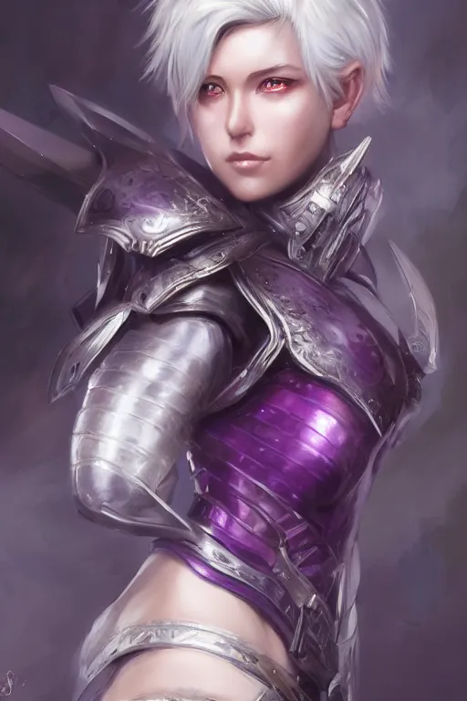 Image similar to A realistic anime portrait of a short white haired female rogue wearing an intricate medium armor, middle eastern, purple eyes, digital painting, by Stanley Artgerm Lau, Sakimichan, WLOP and Rossdraws, digtial painting, trending on ArtStation, SFW version