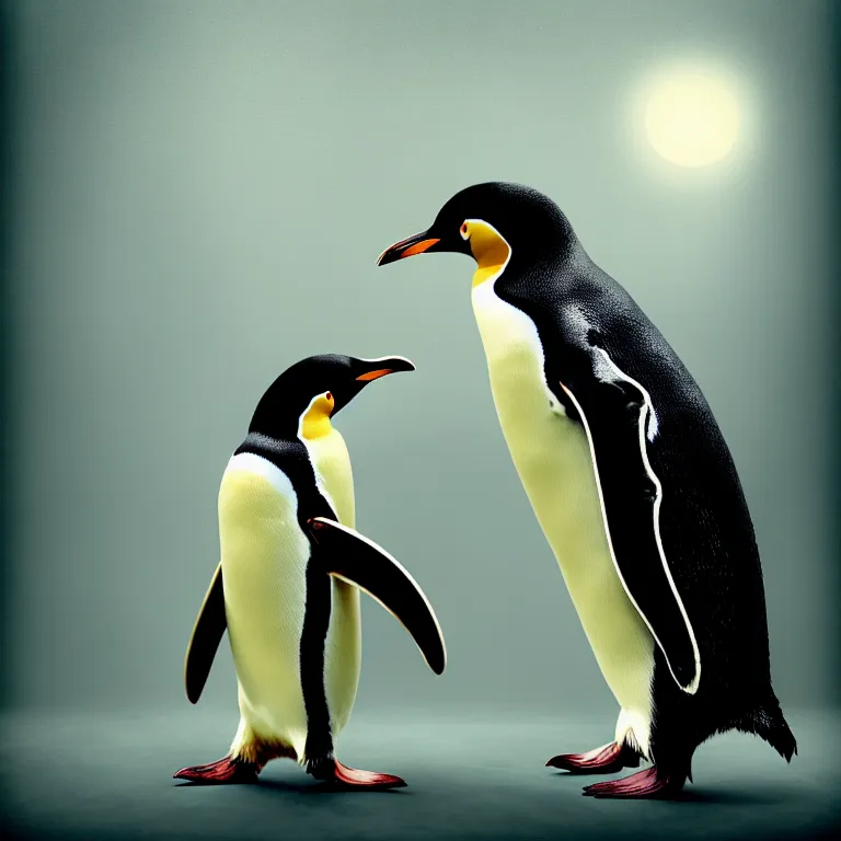 Image similar to epic professional digital art of startling penguin, faint golden atmospheric lighting, painted, intricate, detailed, cheerful, fun, exciting, by leesha hannigan, wayne haag, reyna rochin, ignacio fernandez rios, mark ryden, iris van herpen,, epic, stunning, gorgeous, much wow, cinematic, masterpiece.