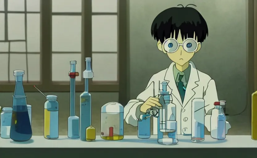 Image similar to a very dull interior shot still from ponyo ( 2 0 0 8 ) of a young skinny scientist alone in his lab. close up on the faces, perfect art, grimdark, trending on pixiv fanbox, painted by studio ghibli