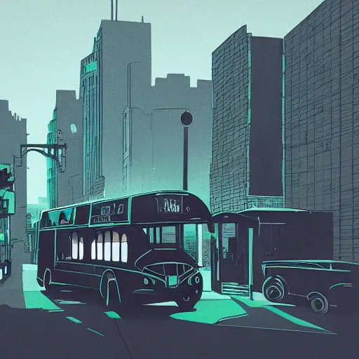 Prompt: dark city bus stop, by Tomer Hanuka,very detailed,ArtStation