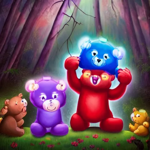 Image similar to demonic care bears in magical forest, dark atmosphere, high detail, soft lighting, 8 k