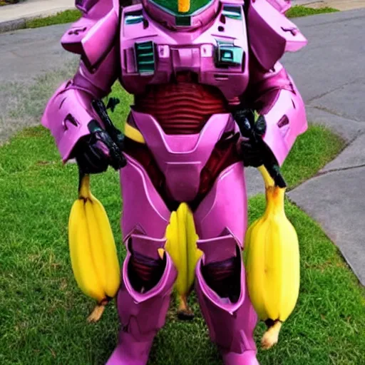 Prompt: cute master chief in pink armor holding a banana