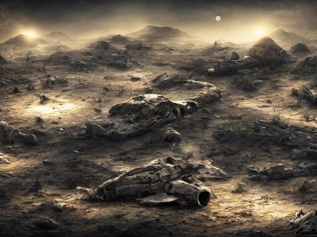 Prompt: spaceship graveyard on a barren land of rocky planet; dark atmosphere, hyperrealistic, 4K wallpaper, highly detailed, dramatic lighting, beautiful