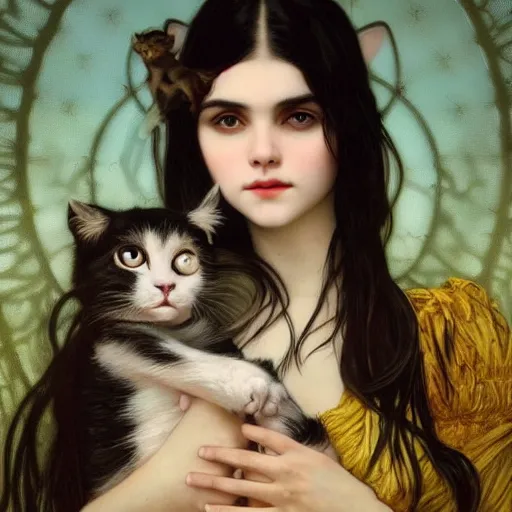 Image similar to baby - face goth girl with long dark hair parted sideways thick eyebrows and dark eyes, she is holding a cat in her arms, by juan villafuerte, greg rutkowski and alphonse mucha, pexels contest winner, high quality photo, rtx, hd