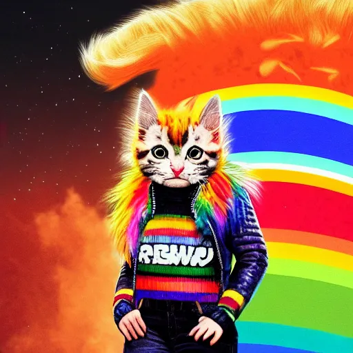 Image similar to wide angle full body, jacket wearing fluffy cute rainbow kitten wearing a black leather motorcycle jacket, cinematic concept art