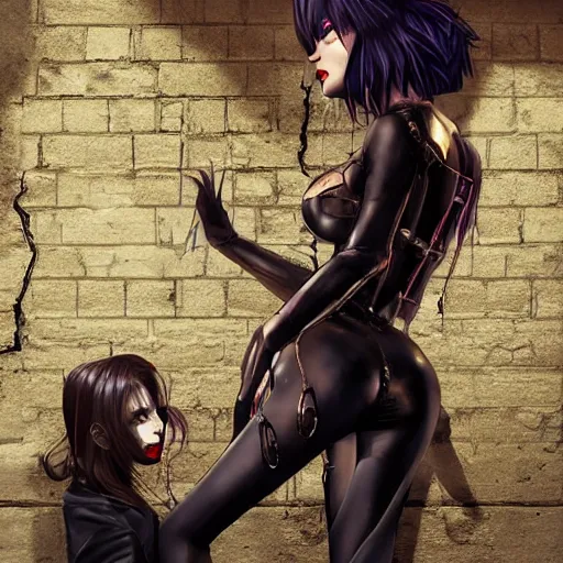 Image similar to a school boy and intimidating by a succubus in a leather suit leaning on a cracked brick wall, devil wings, long hallway, seductivelight at the end of the tunnel, volumetric lighting, concept art, detailed, dramatic lighting, by wlop, artgerm