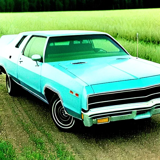 Prompt: A photograph of a beater beater beater beater beater beater beater beater beater beater beater beater beater Powder Blue Dodge Aspen (1976) in a farm field, photo taken in 1989