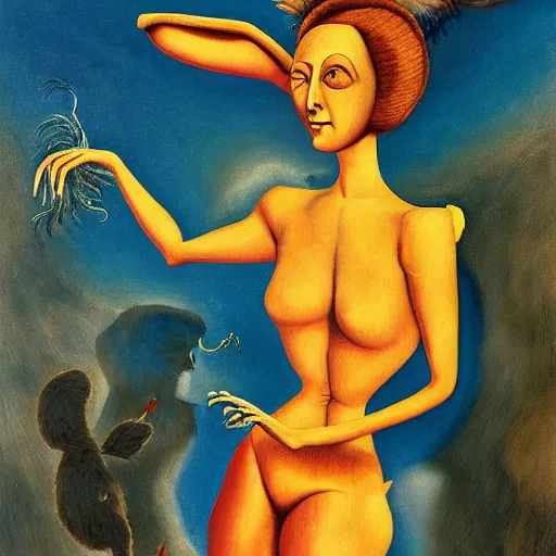 Image similar to detailed surrealistic woman flying midair with rabbit in hands in the style of remedios varo