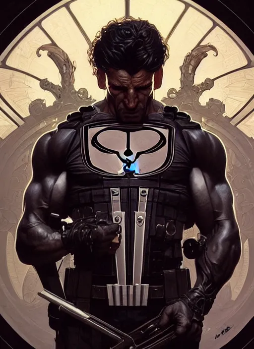 Image similar to Symmetry!! portrait of The Punisher, D&D, muscular, fantasy, intricate, elegant, highly detailed, digital painting, artstation, concept art, smooth, sharp focus, illustration, art by artgerm and greg rutkowski and alphonse mucha