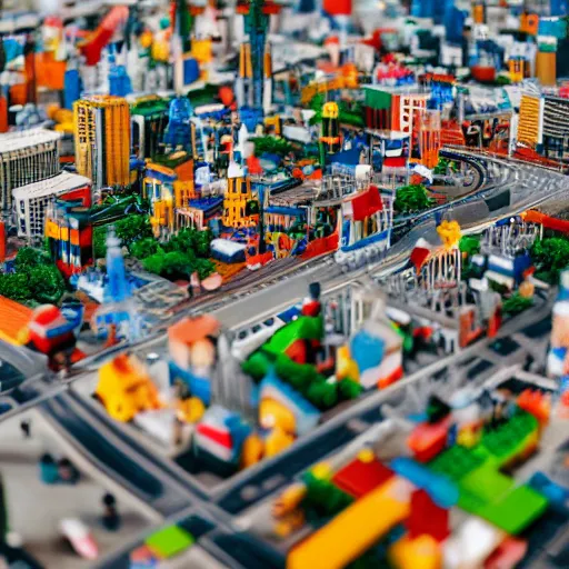 Image similar to a large scale city made of legos, 3 5 mm, shallow depth of field, diorama, 4 k