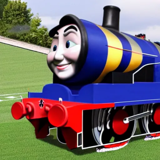 Image similar to purdue pete as thomas the tank engine on a football field