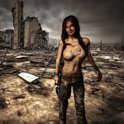 Image similar to pretty face, wide angle lens, photorealistic, 4k, background of destroyed city, post apocalyptic landscape, steakpunk, soft lighting, portrait